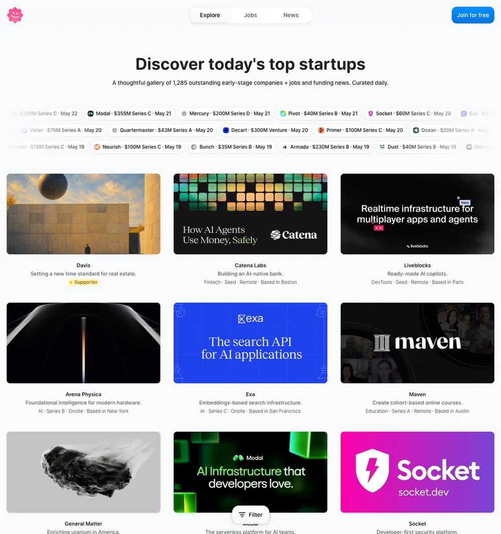 startups.gallery job board platform screenshot showing job search interface