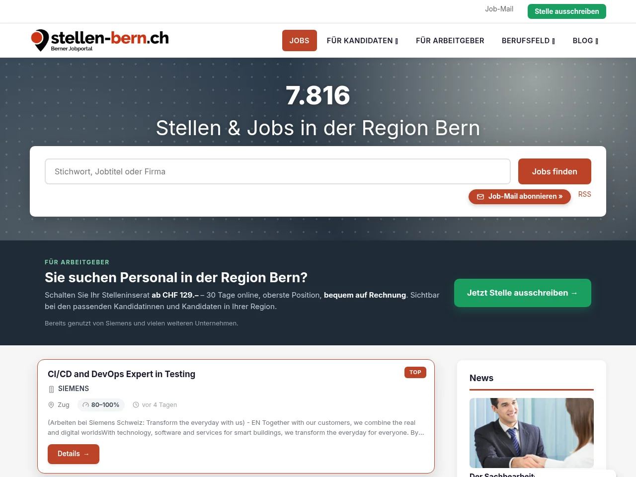 Stellen Bern job board platform screenshot showing job search interface