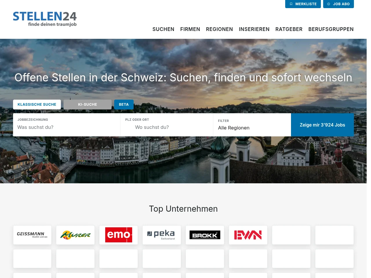 stellen24.ch job board platform screenshot showing job search interface