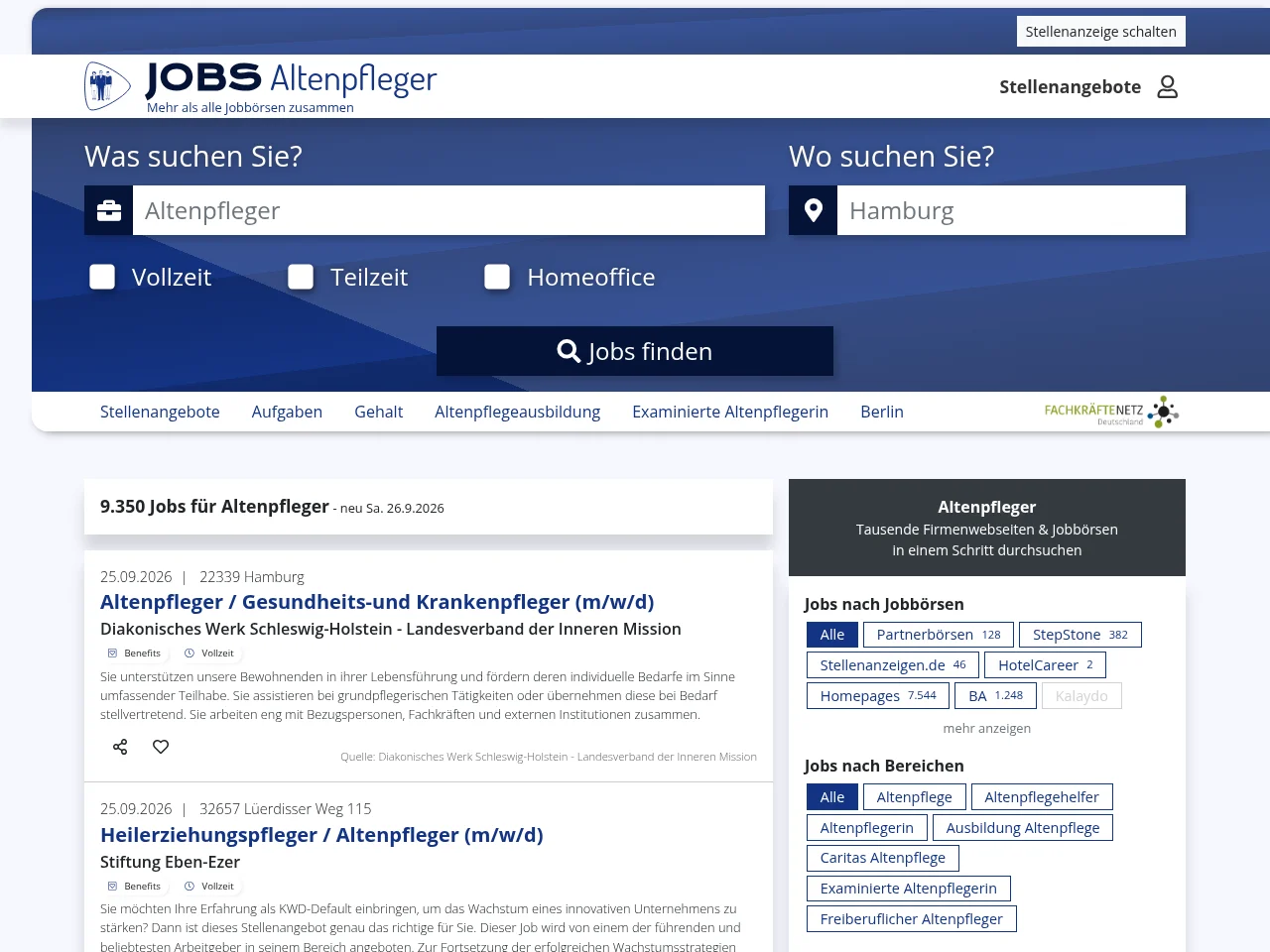 stellenangebote-altenpfleger.de job board platform screenshot showing job search interface