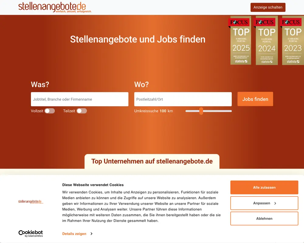 stellenangebote.de job board platform screenshot showing job search interface