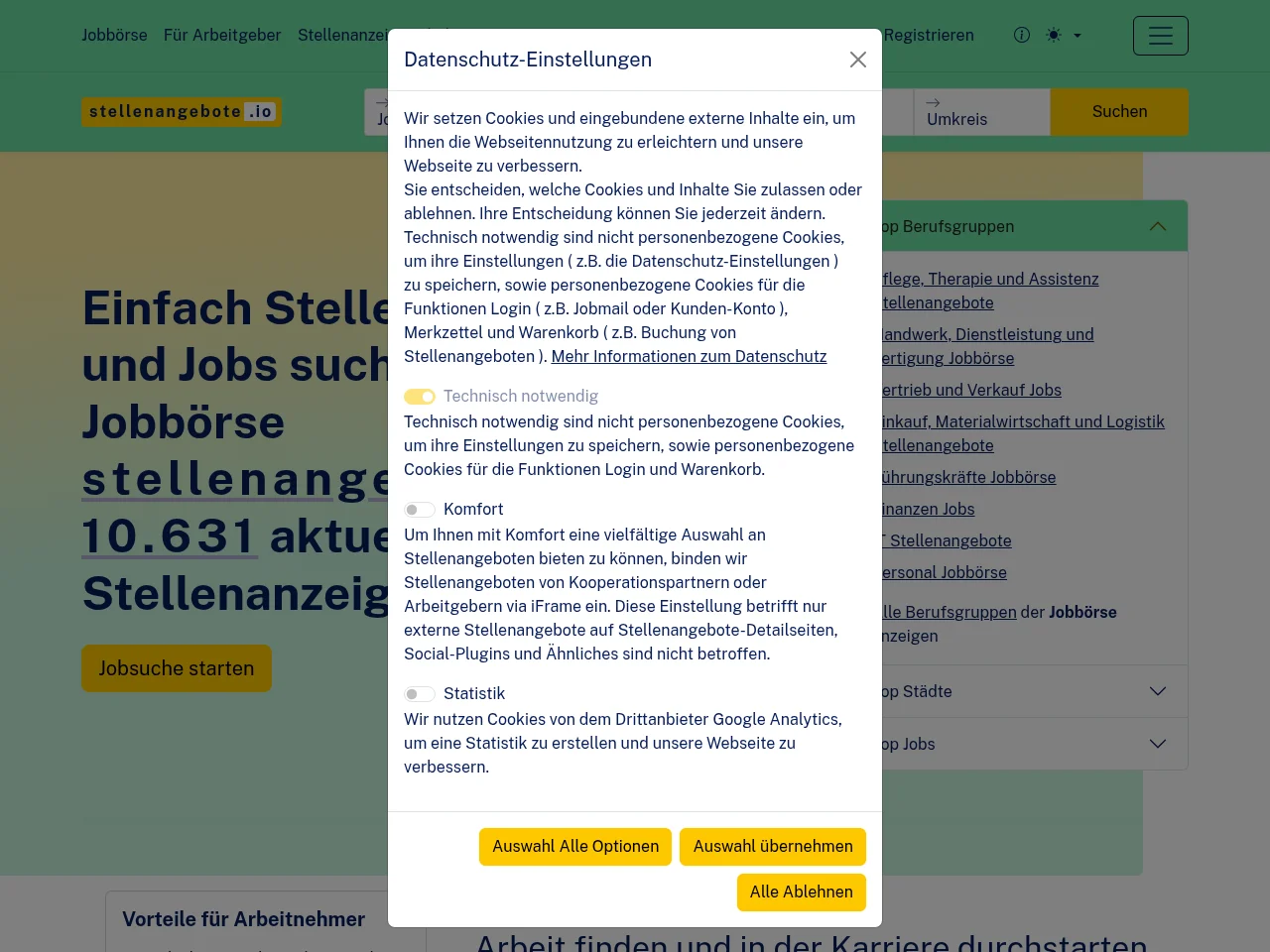 Stellenangebote.io job board platform screenshot showing job search interface