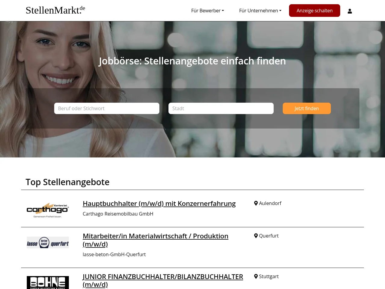 Stellenmarkt.de job board platform screenshot showing job search interface