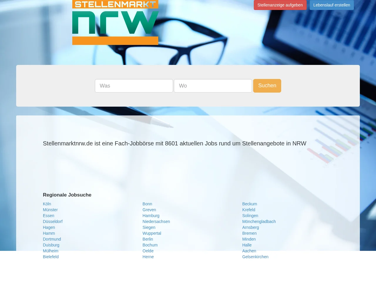 Stellenmarktnrw.de job board platform screenshot showing job search interface
