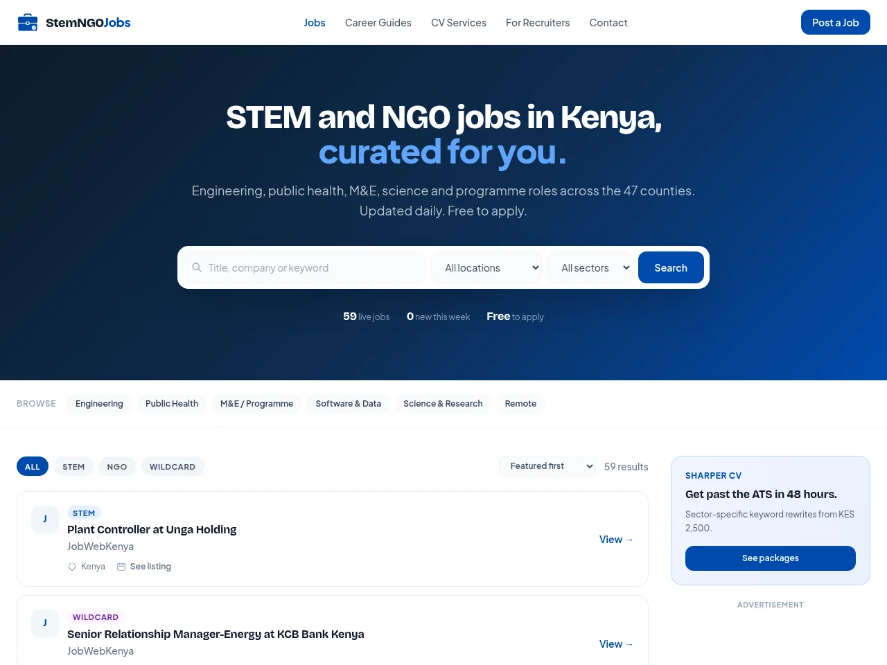 StemNGO Jobs screenshot StemNGO Jobs job board platform screenshot showing job search interface