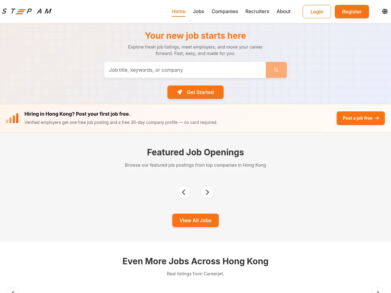 Step AM job board platform screenshot showing job search interface