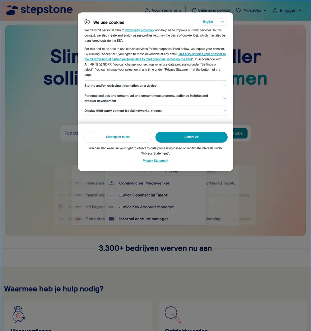 Stepstone job board platform screenshot showing job search interface