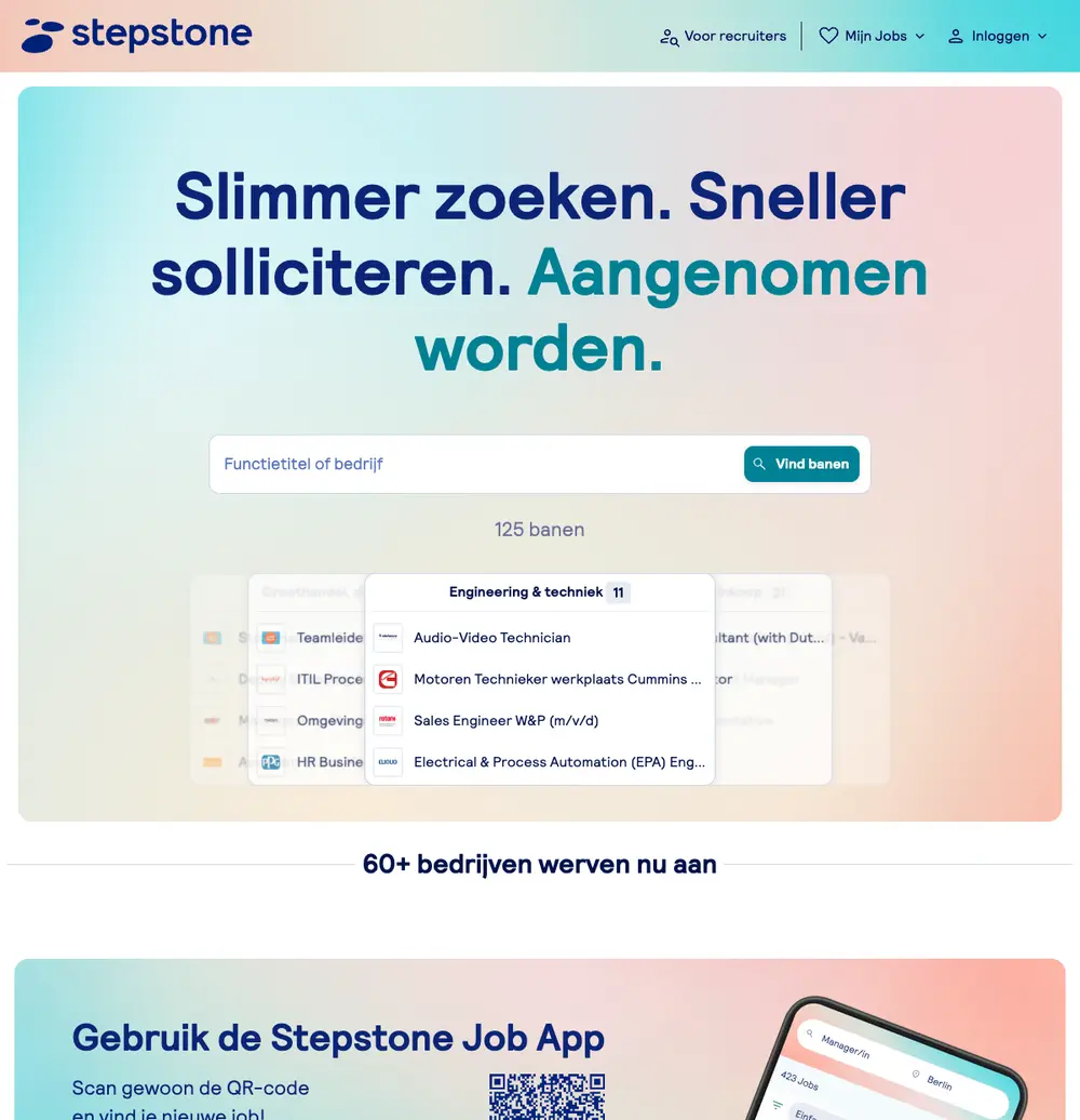 Stepstone Netherlands job board platform screenshot showing job search interface