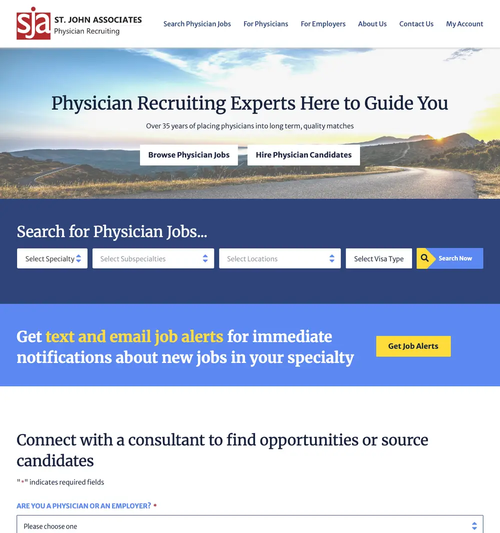 St John Associates job board platform screenshot showing job search interface