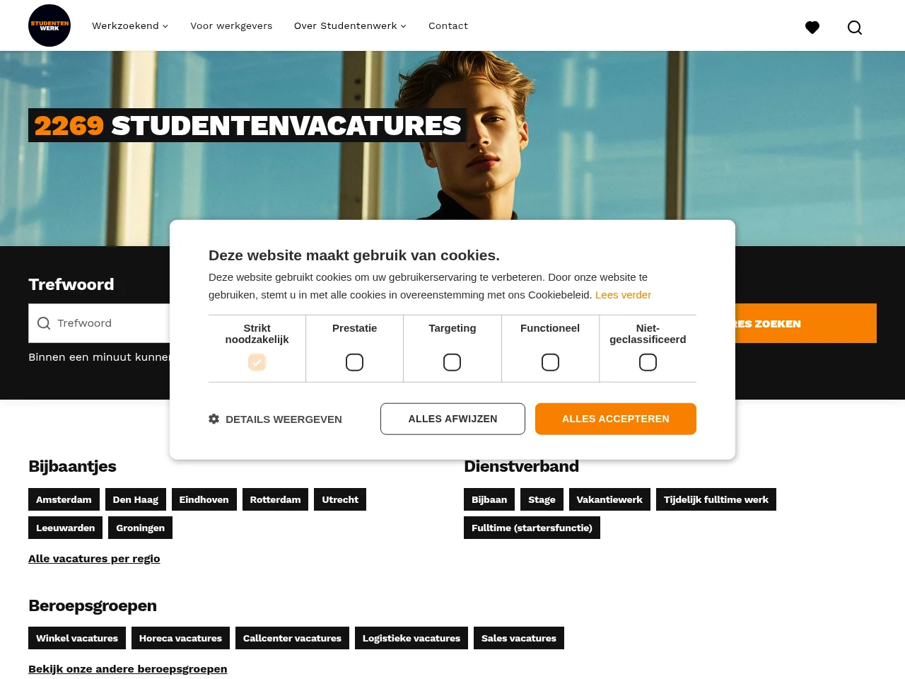 StudentenWerk.nl job board platform screenshot showing job search interface