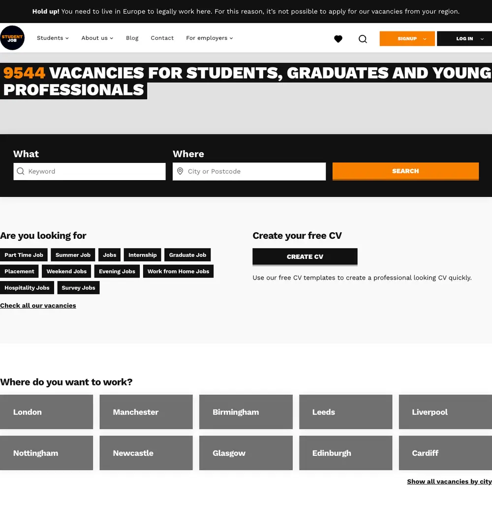 StudentJob UK job board platform screenshot showing job search interface