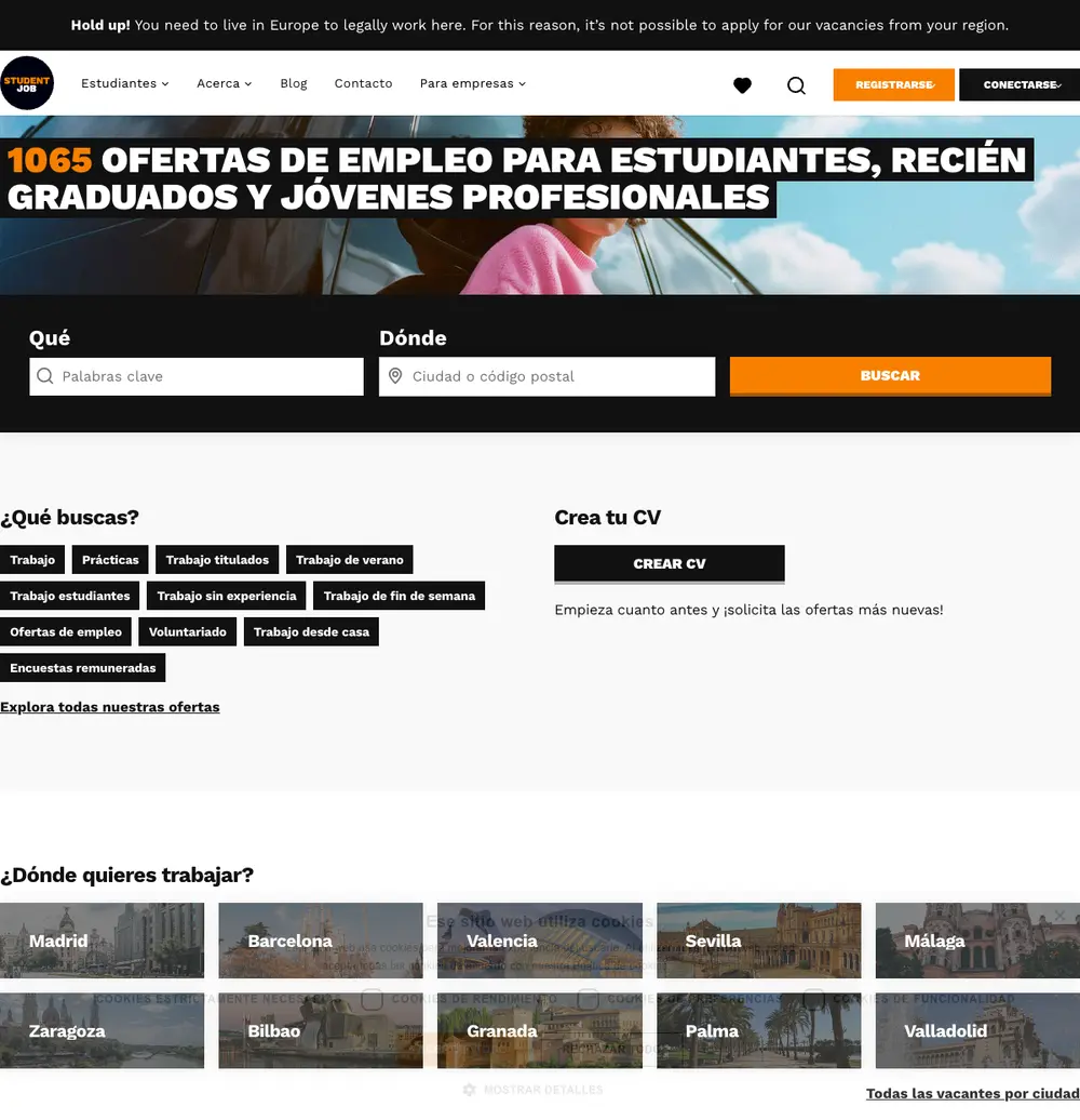 StudentJob ES job board platform screenshot showing job search interface