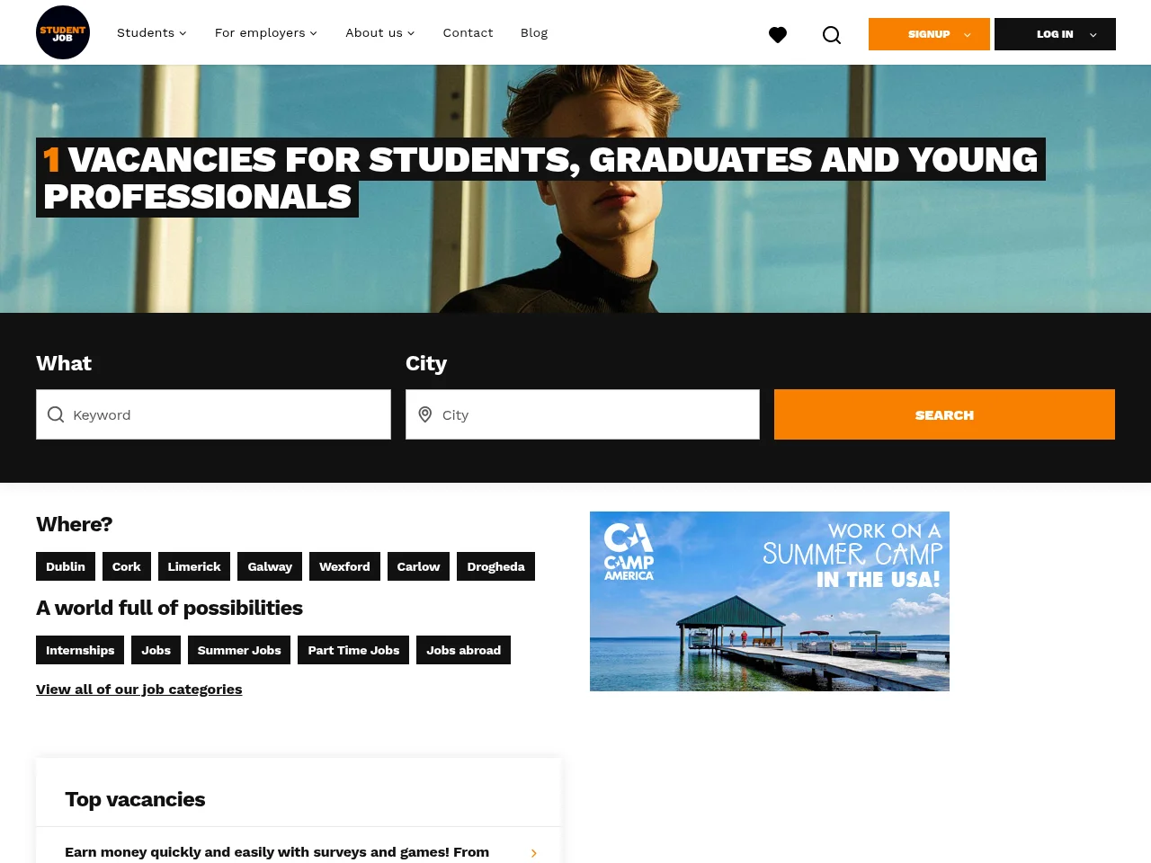 StudentJob IE screenshot StudentJob IE job board platform screenshot showing job search interface