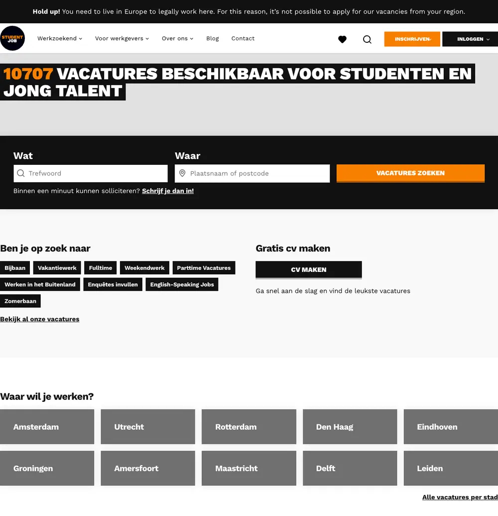 StudentJob job board platform screenshot showing job search interface
