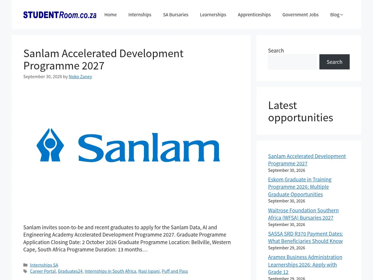 StudentRoom.co.za job board platform screenshot showing job search interface