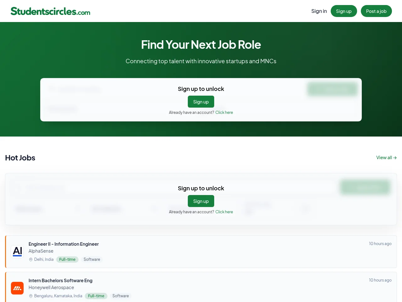 Studentscircles.com job board platform screenshot showing job search interface