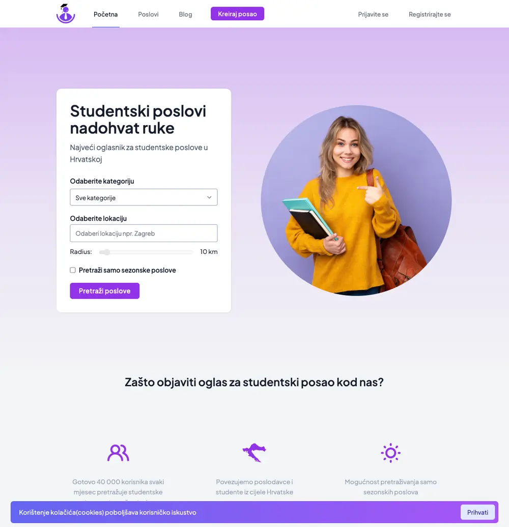 Studentski poslovi job board platform screenshot showing job search interface