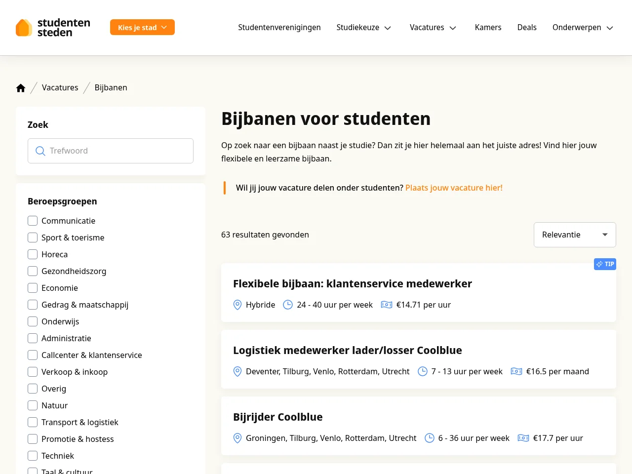 Bijbaan Nederland job board platform screenshot showing job search interface