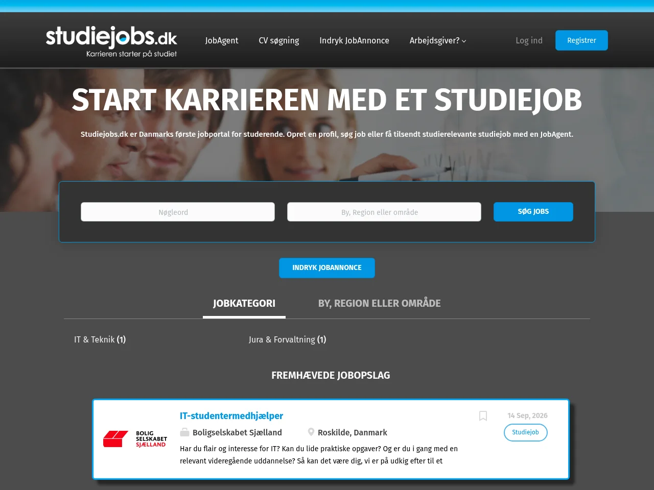 Studiejobs.dk job board platform screenshot showing job search interface