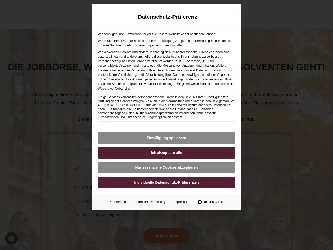 studijobs.eu job board platform screenshot showing job search interface
