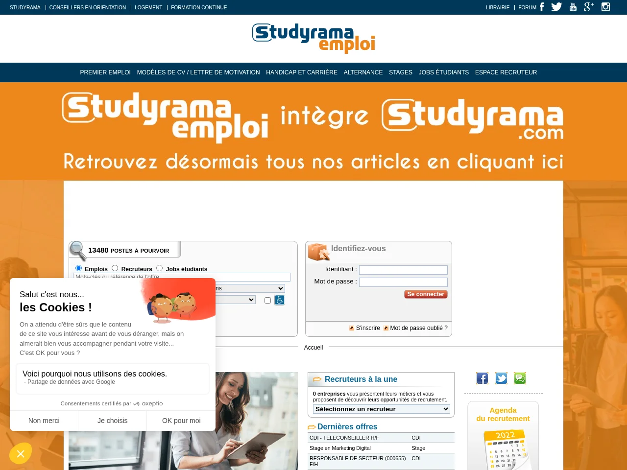 StudyramaEmploi job board platform screenshot showing job search interface