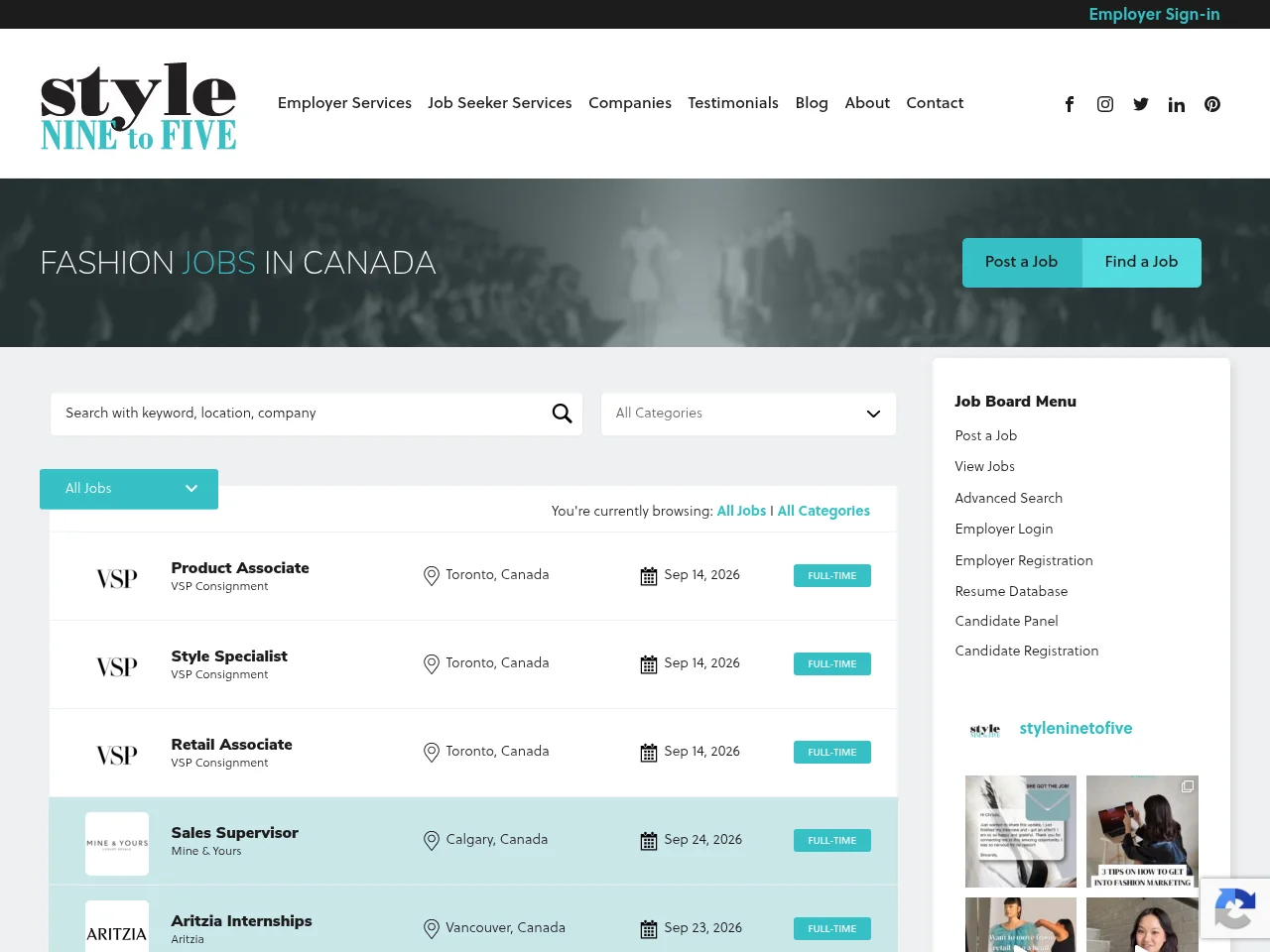 Style Nine to Five job board platform screenshot showing job search interface