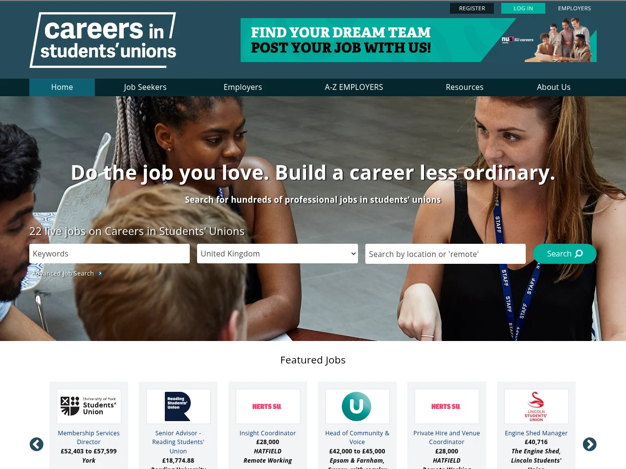 Careers in Students' Unions job board platform screenshot showing job search interface