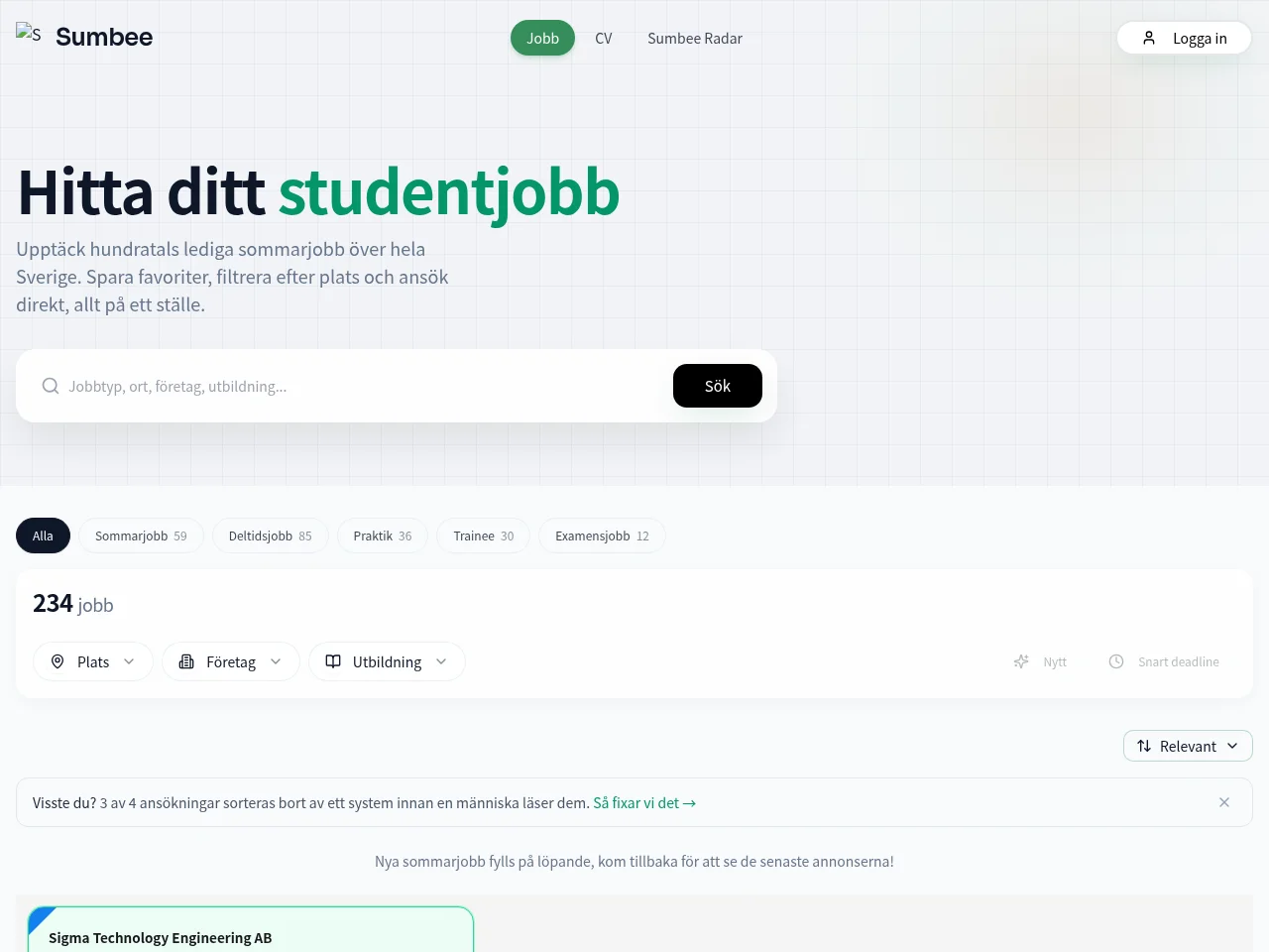 Sumbee job board platform screenshot showing job search interface