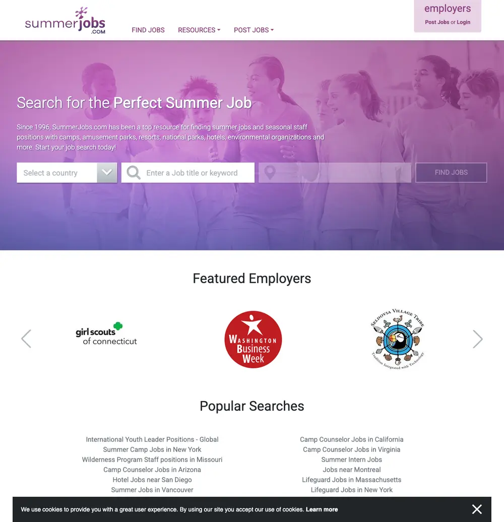 SummerJobs.com job board platform screenshot showing job search interface