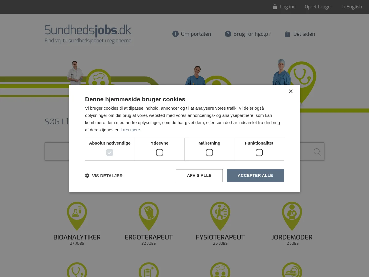 Sundhedsjobs.dk job board platform screenshot showing job search interface
