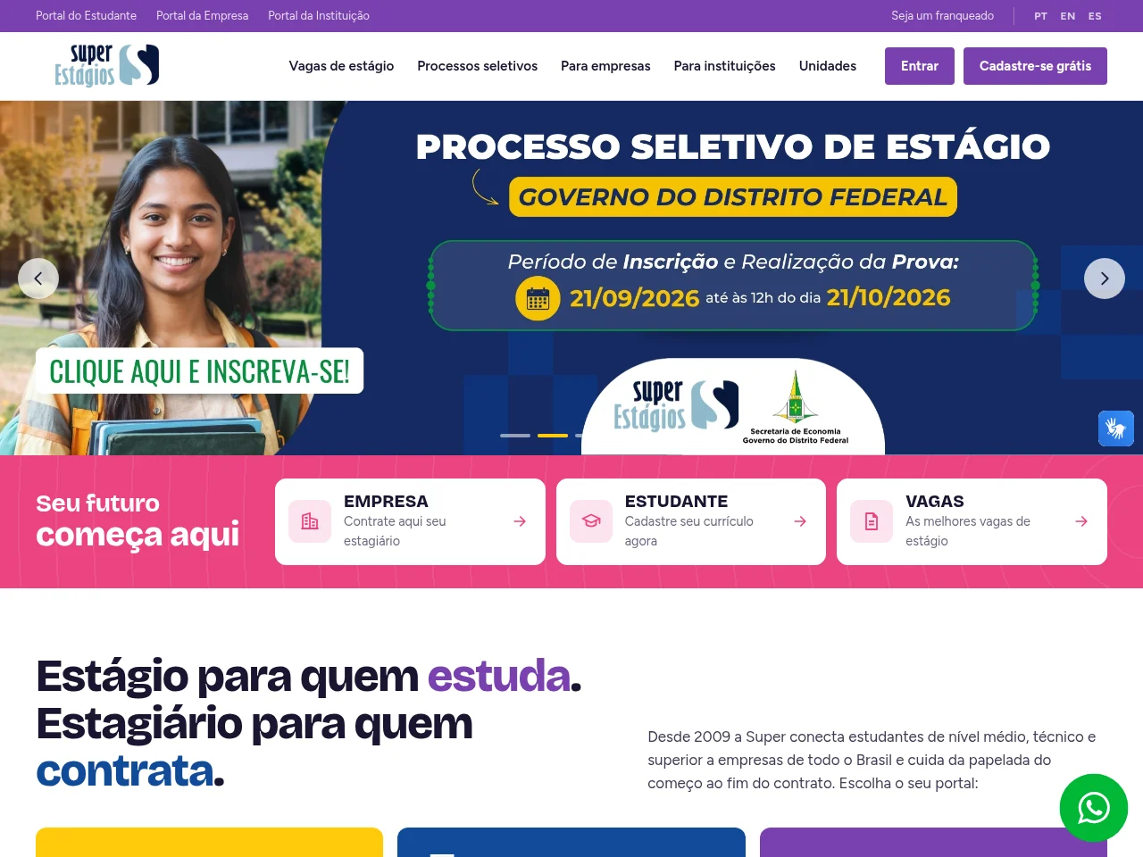 Super Estágios job board platform screenshot showing job search interface