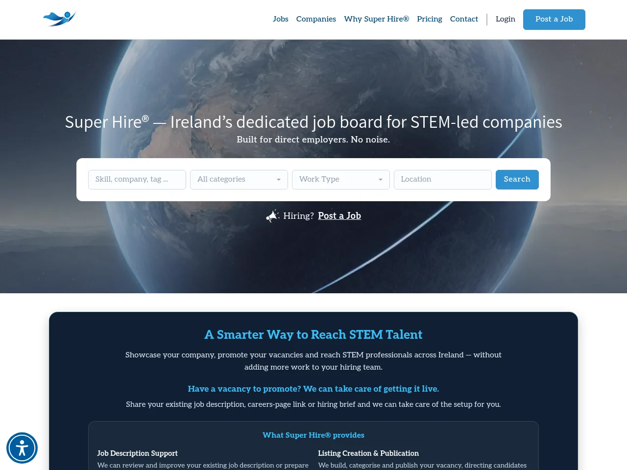 SuperHire.ie job board platform screenshot showing job search interface