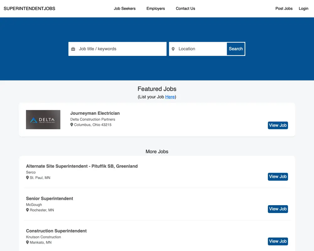 Superintendent Jobs job board platform screenshot showing job search interface