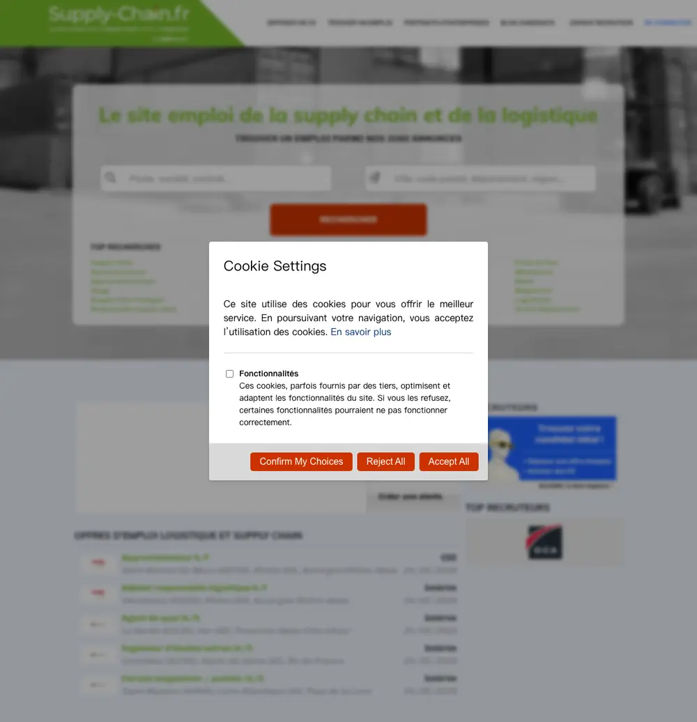 Supply-Chain.fr job board platform screenshot showing job search interface