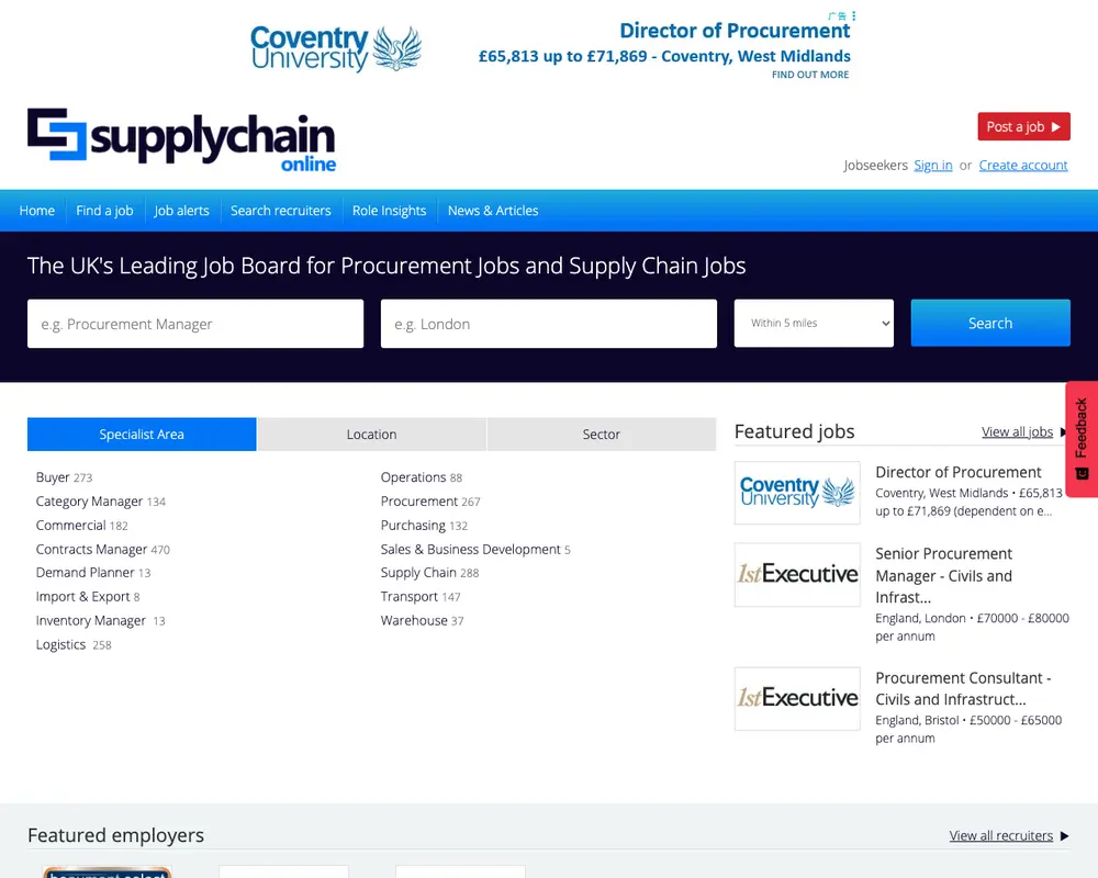 Supply Chain Online job board platform screenshot showing job search interface