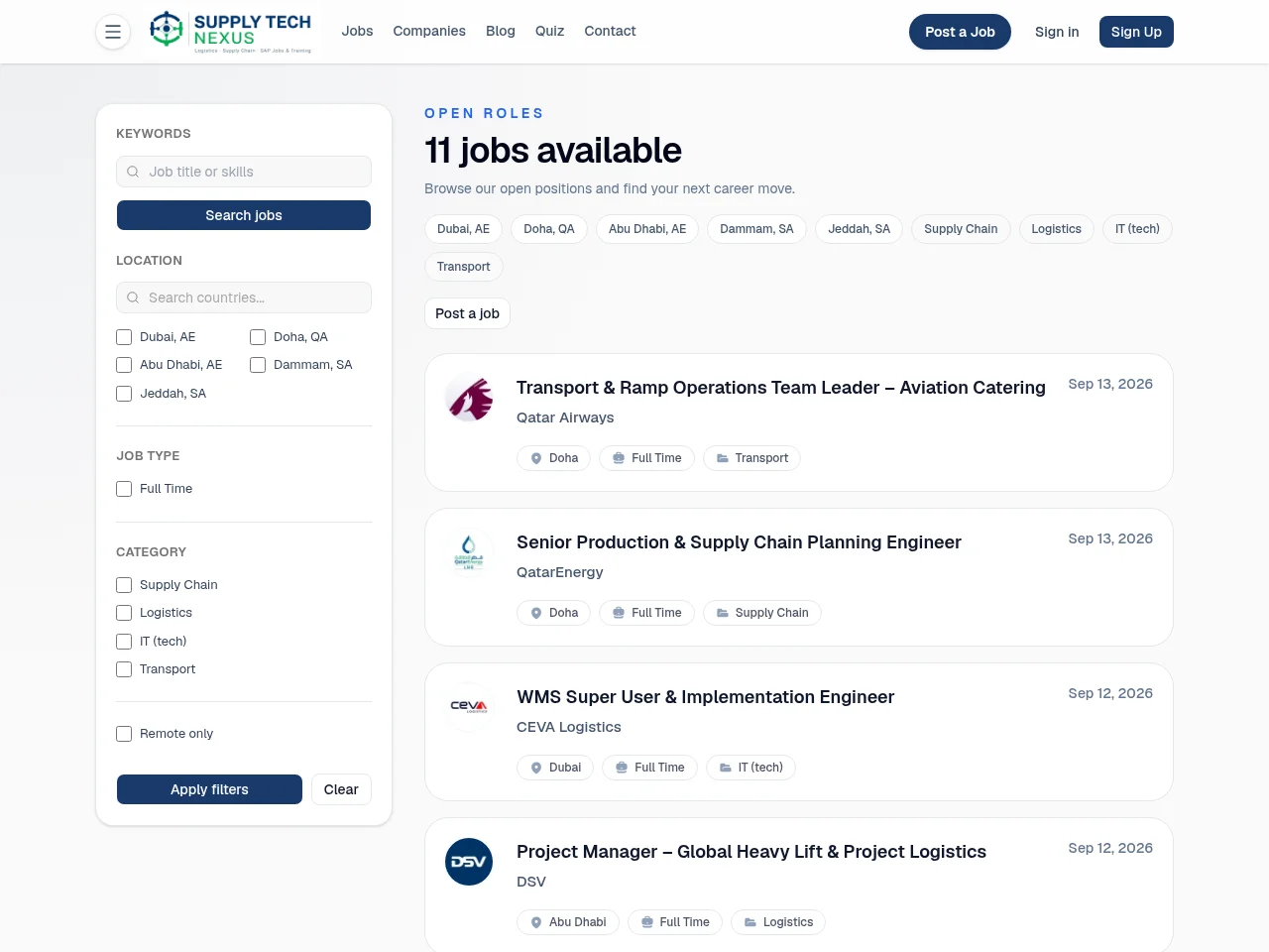 Supply Tech Nexus job board platform screenshot showing job search interface