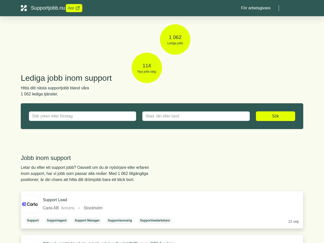 Supportjobb.nu job board platform screenshot showing job search interface
