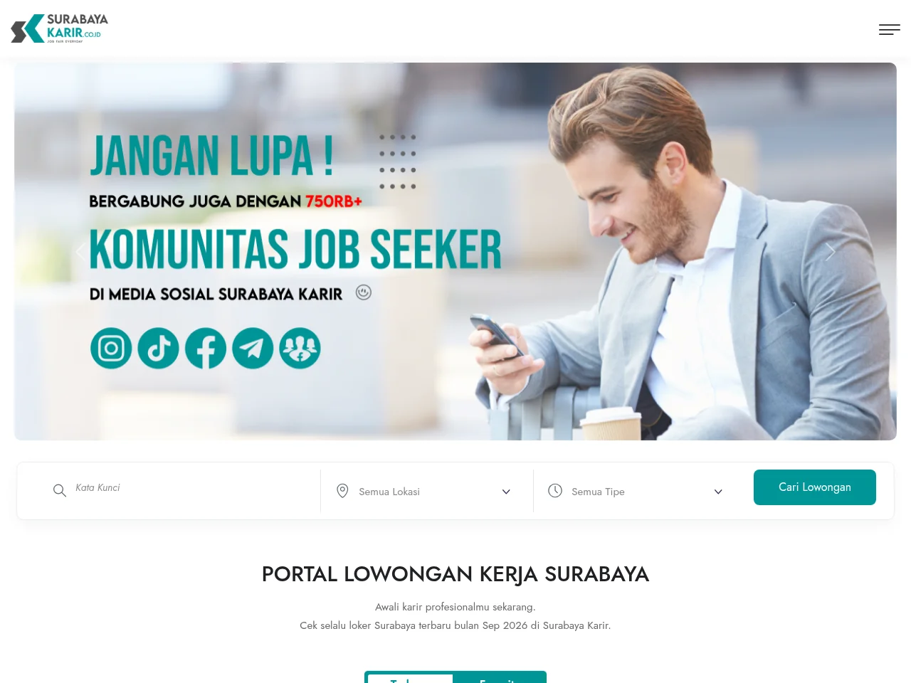 Surabaya Karir job board platform screenshot showing job search interface