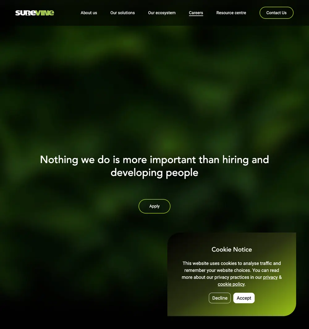 Surevine Careers job board platform screenshot showing job search interface