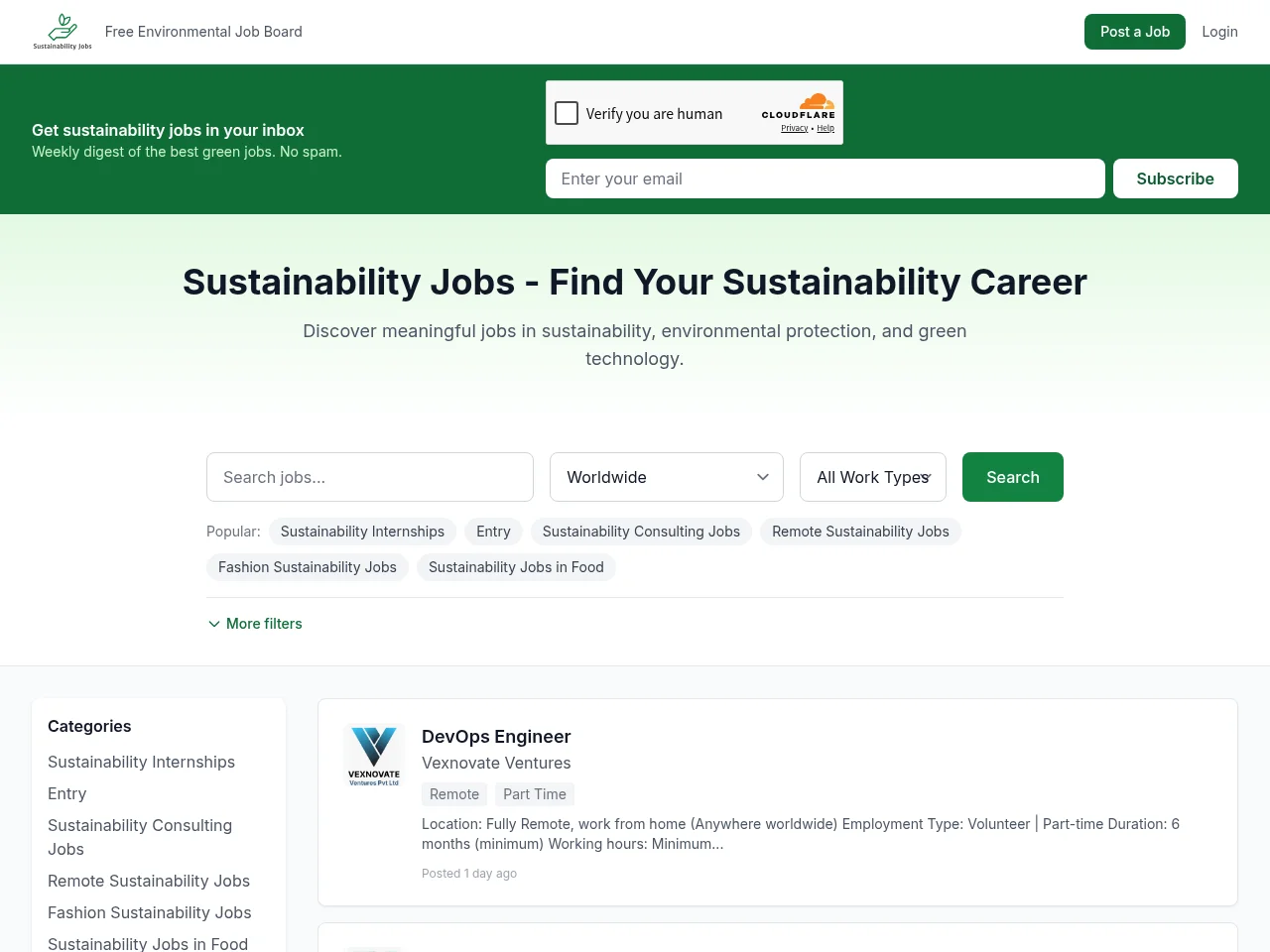 Sustainability Jobs job board platform screenshot showing job search interface