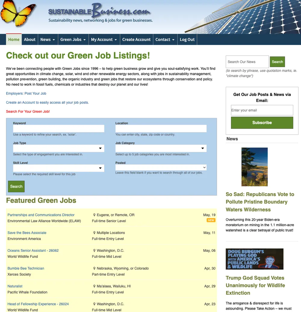 Sustainable Business job board platform screenshot showing job search interface