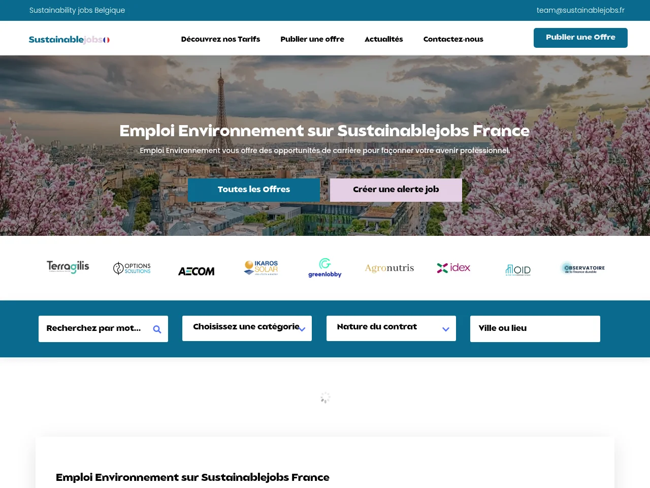 Sustainablejobs France job board platform screenshot showing job search interface
