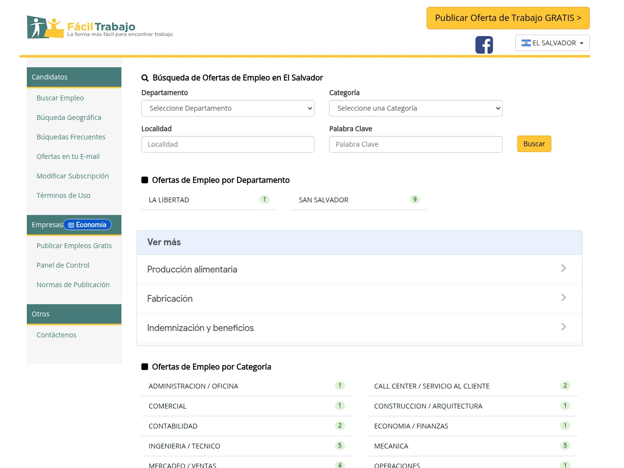 Facil Trabajo job board platform screenshot showing job search interface