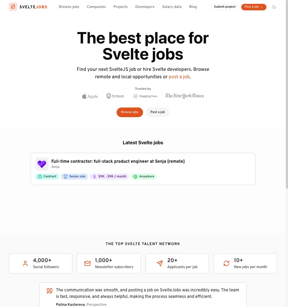 SvelteJobsX job board platform screenshot showing job search interface