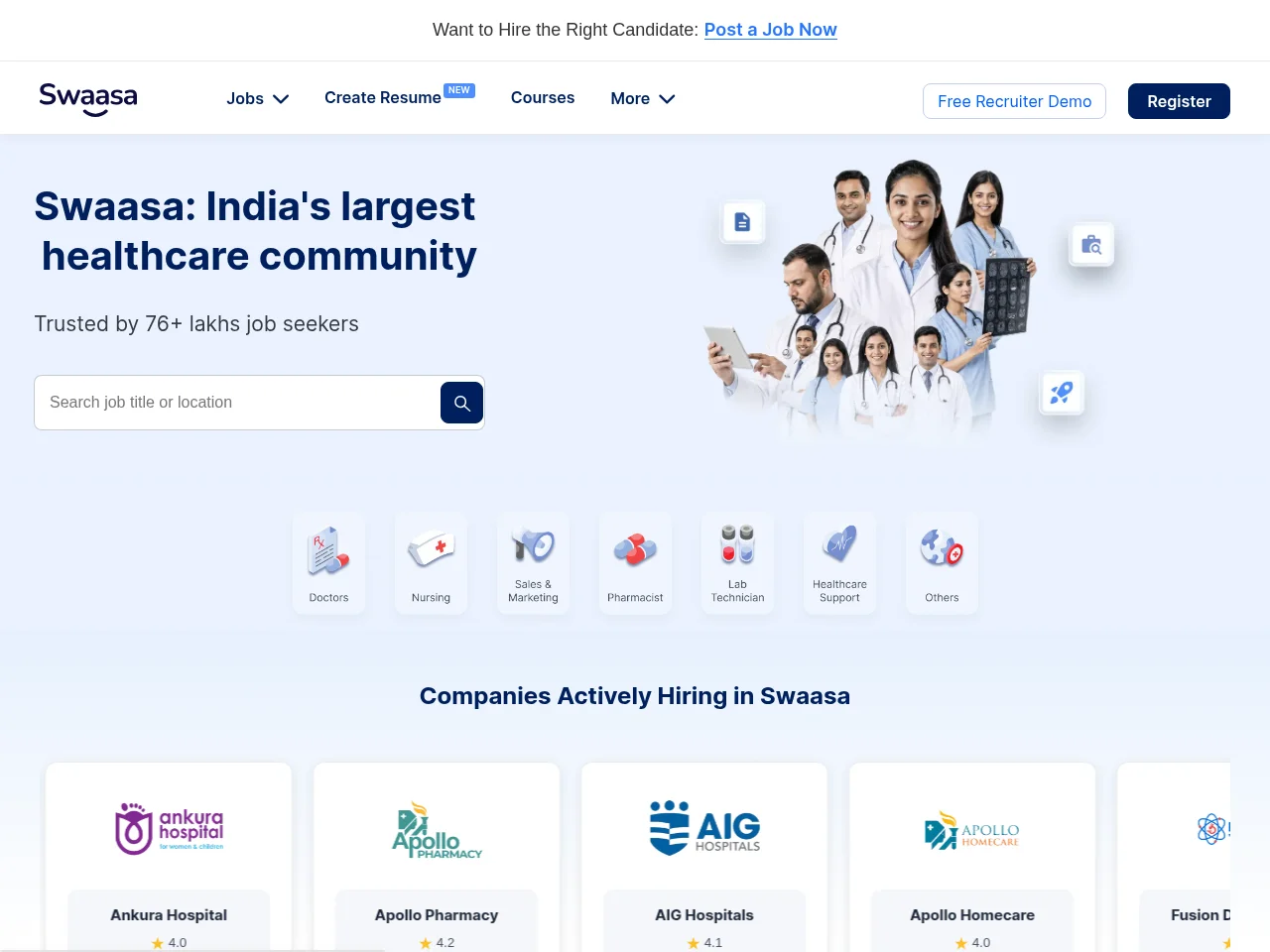Swaasa Jobs job board platform screenshot showing job search interface