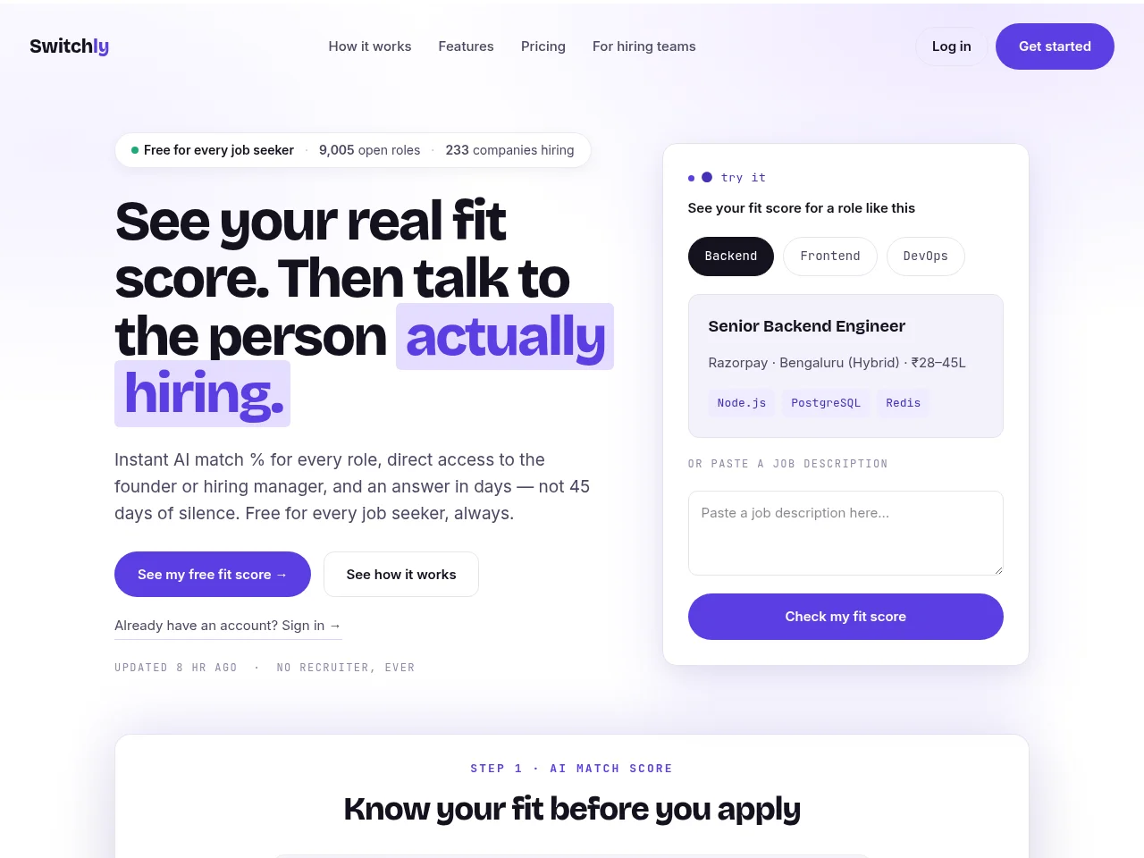 Switchly job board platform screenshot showing job search interface