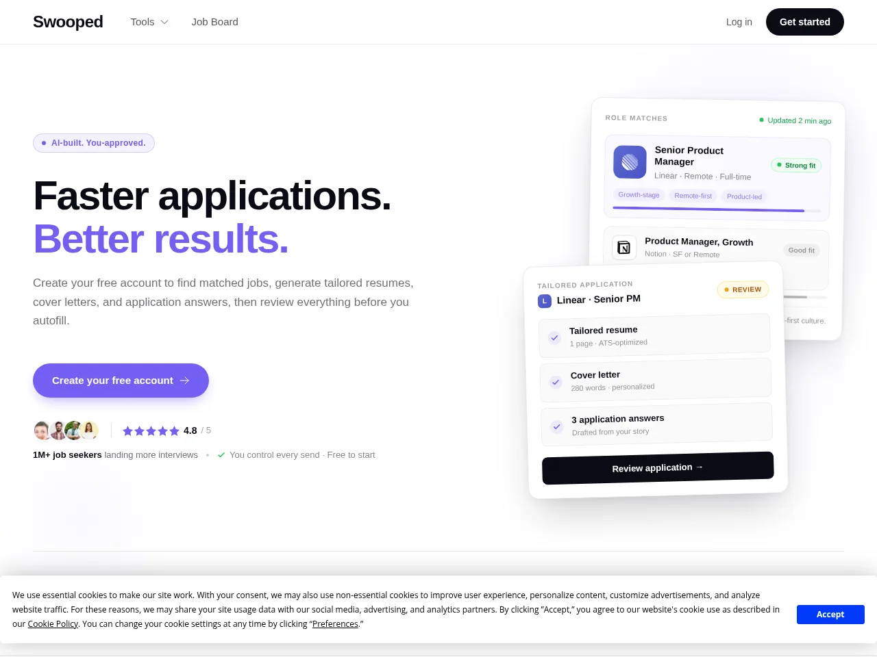 Swooped job board platform screenshot showing job search interface