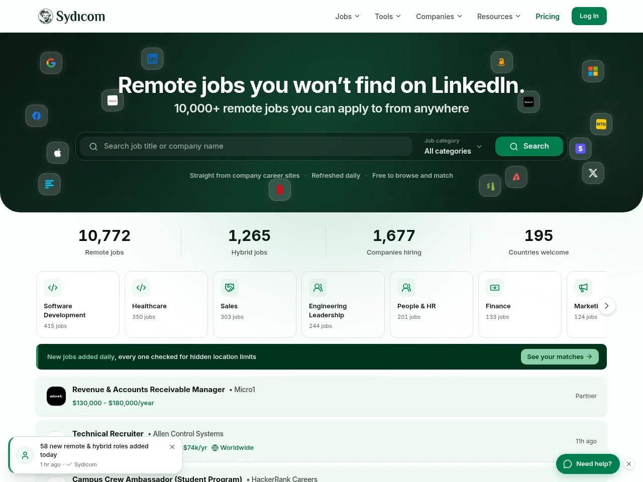 Sydicom job board platform screenshot showing job search interface