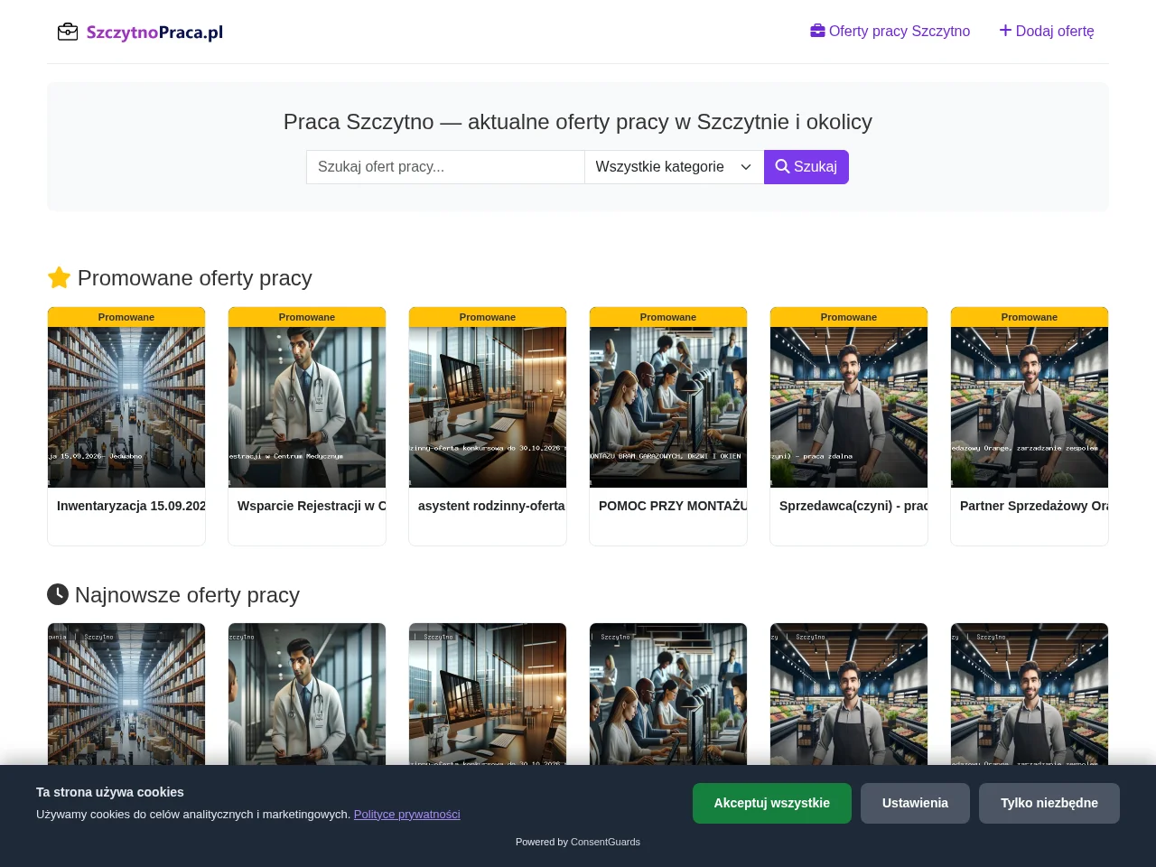 szczytnopraca.pl job board platform screenshot showing job search interface