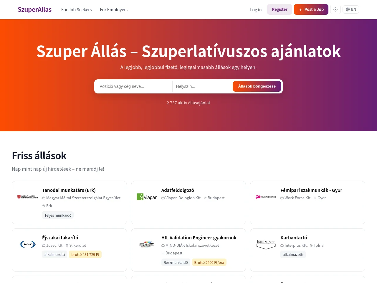 SzuperAllás job board platform screenshot showing job search interface
